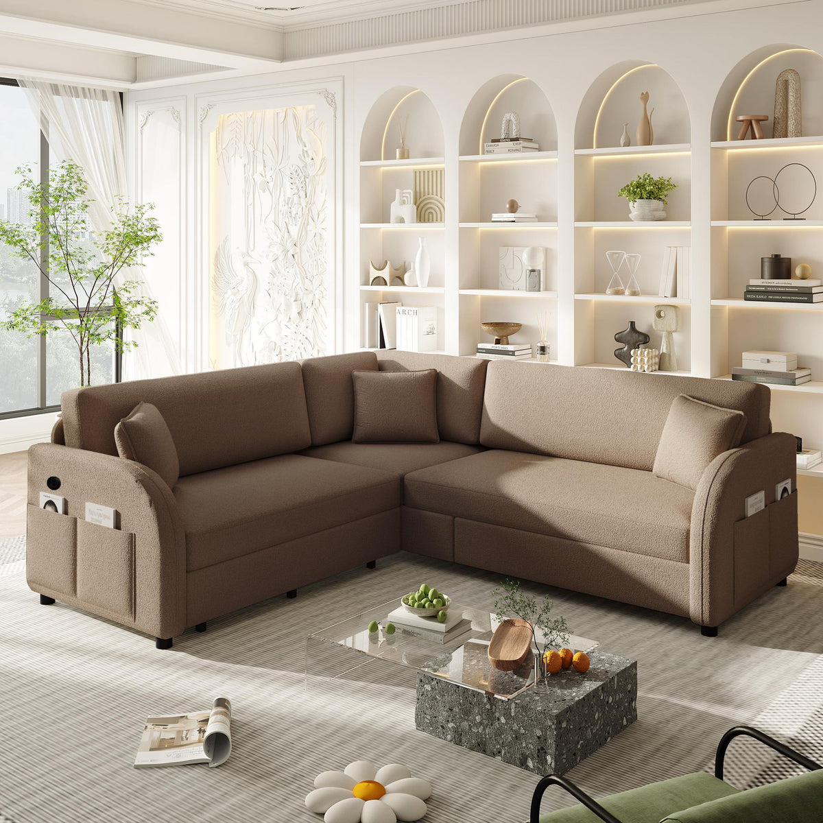 L-Shaped Couch With Pull-Out Bed, Oversize Convertible Sleeper Sofa With Side Pocket & USB Port