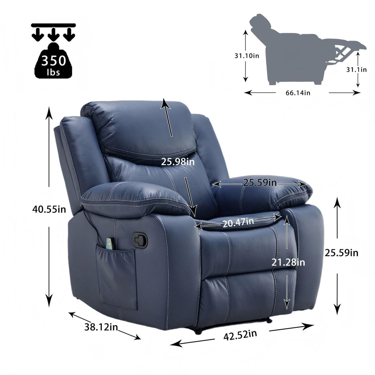 Manual Recliner Chair With Massage And Heat, Side Pocket, Wired Controller For Living Room - Blue