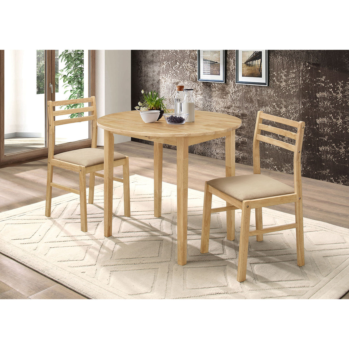 3 Piece Dining Set With Drop Leaf Table And Upholstered Chairs