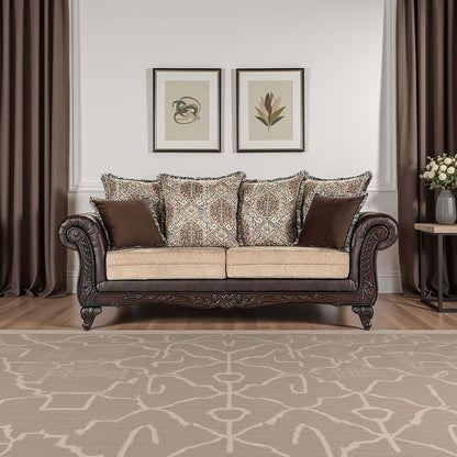 Brookridge - Rolled Arm Sofa With Ornate Details And Mixed Upholstery - Brown