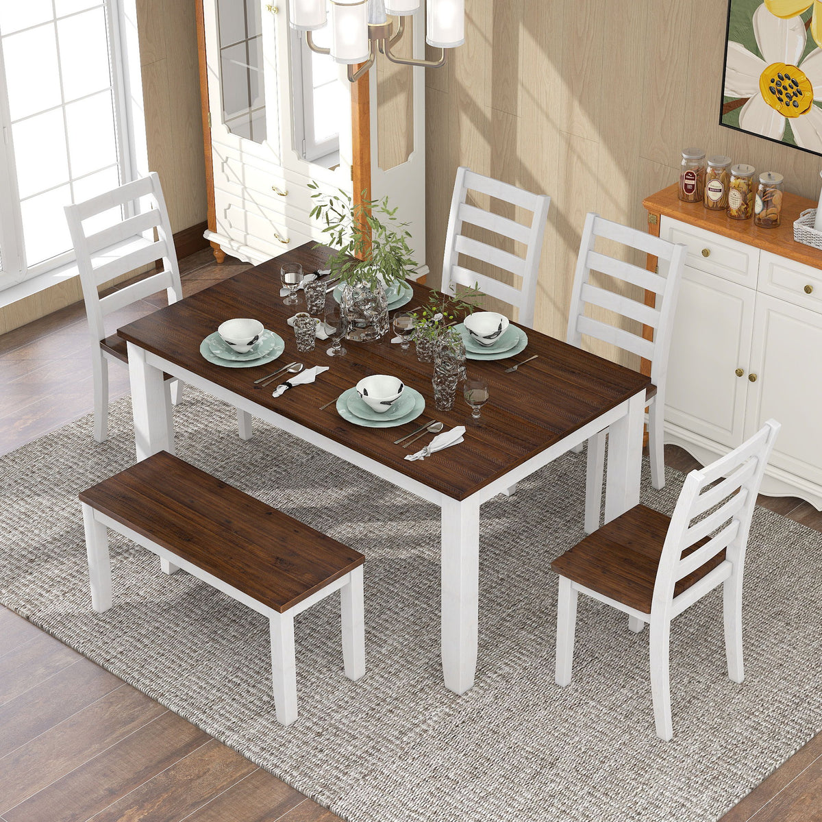 6 Piece Dining Set With 4 Upholstered Chairs & Bench - Walnut