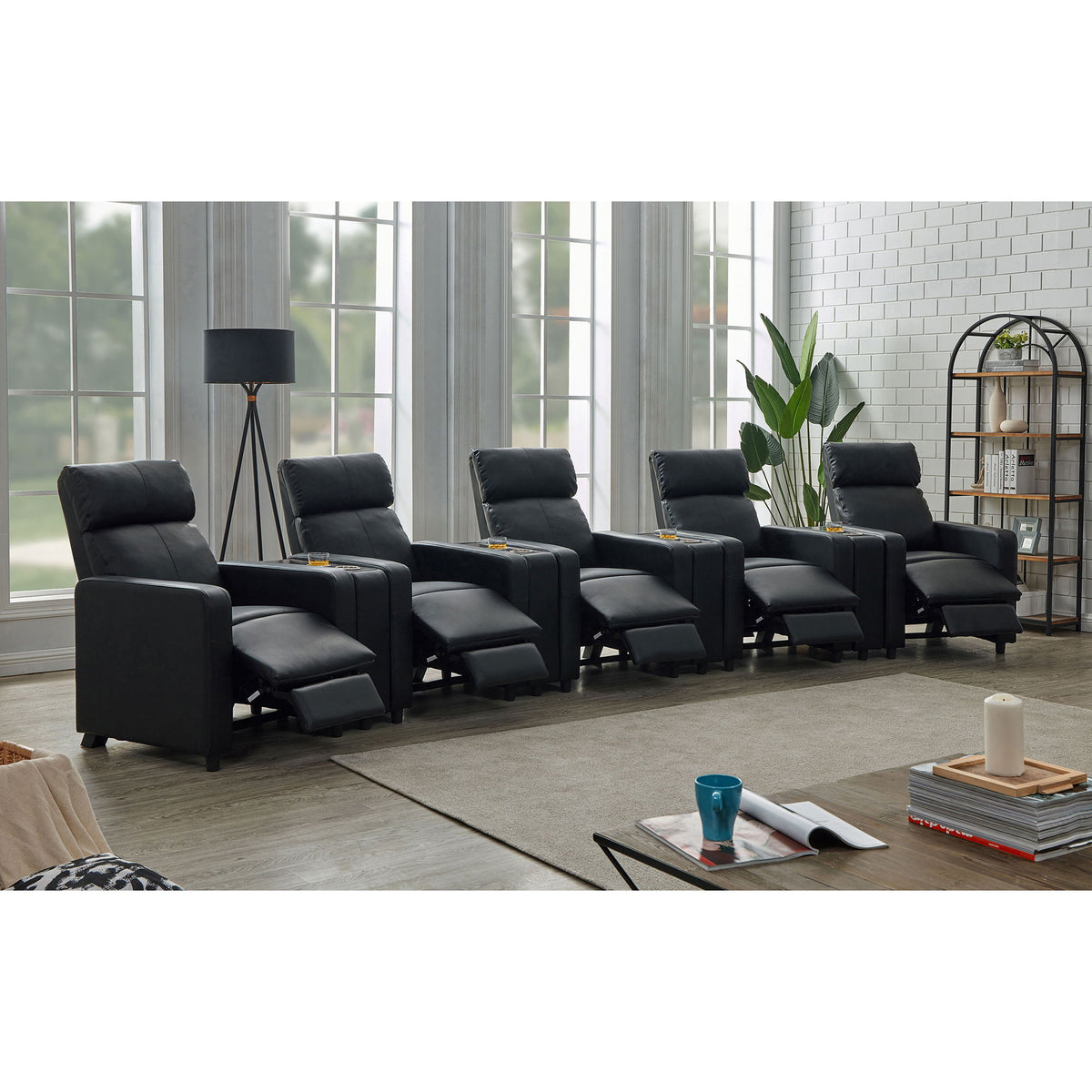 Warren - 5 Seater Home Theater With 4 Wedge Consoles Recliners And Storage Consoles - Black