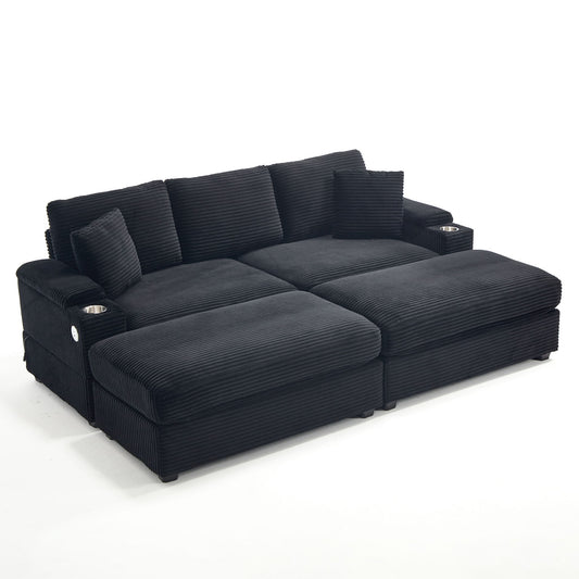 Convertible Sectional Sofa Bed Set With Armrest Storage, Cup Holder, USB - Black