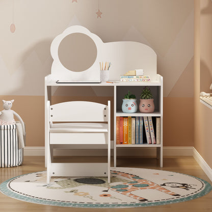 Kids Vanity Table With Mirror And Chair, Dressing Makeup Desk With Storage Shelves - White
