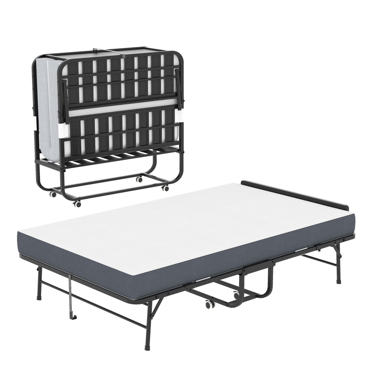 Twin Extra Long Folding Bed With Adjustable Headboard, Cot With Memory Foam Mattress - Black