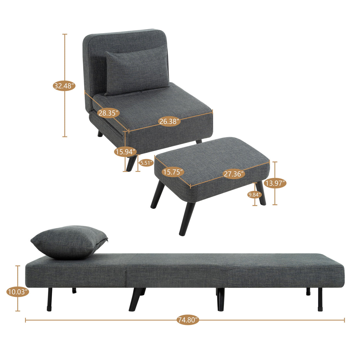 3 In 1 Foldable Chaise Lounge With Adjustable Backrest