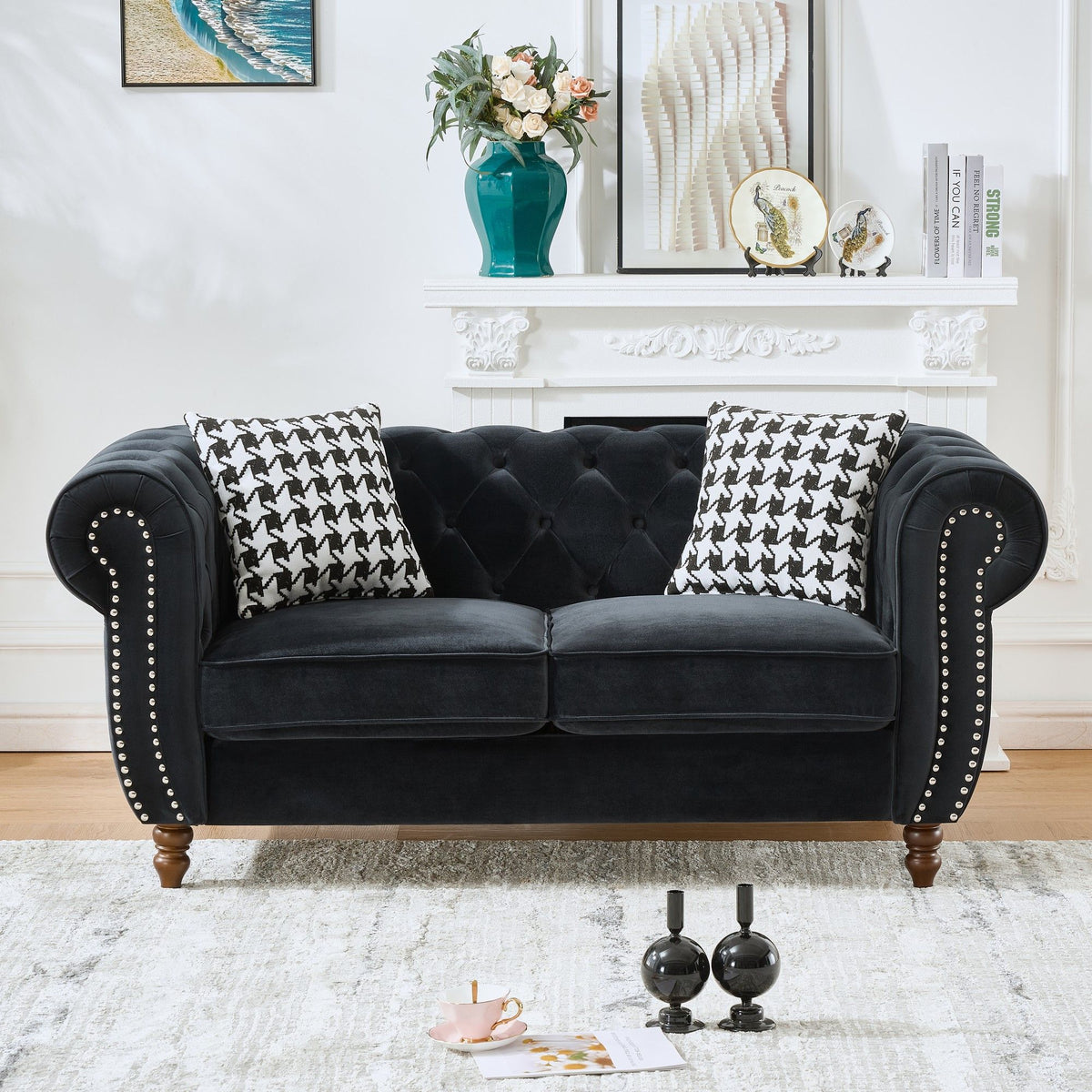 Chesterfield Upholstery Fabric Loveseat With Roll Armrest And Nailhead