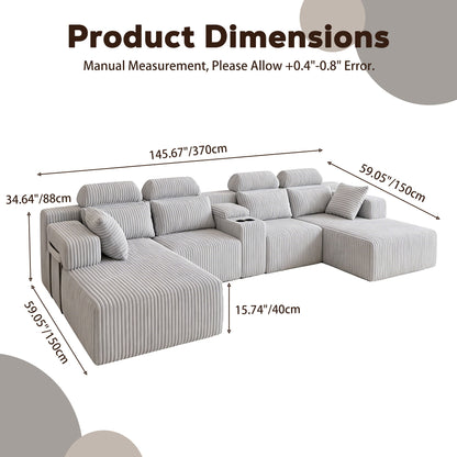 U-Shaped Sectional Sofa With Chaise Lounge And Cup Holders