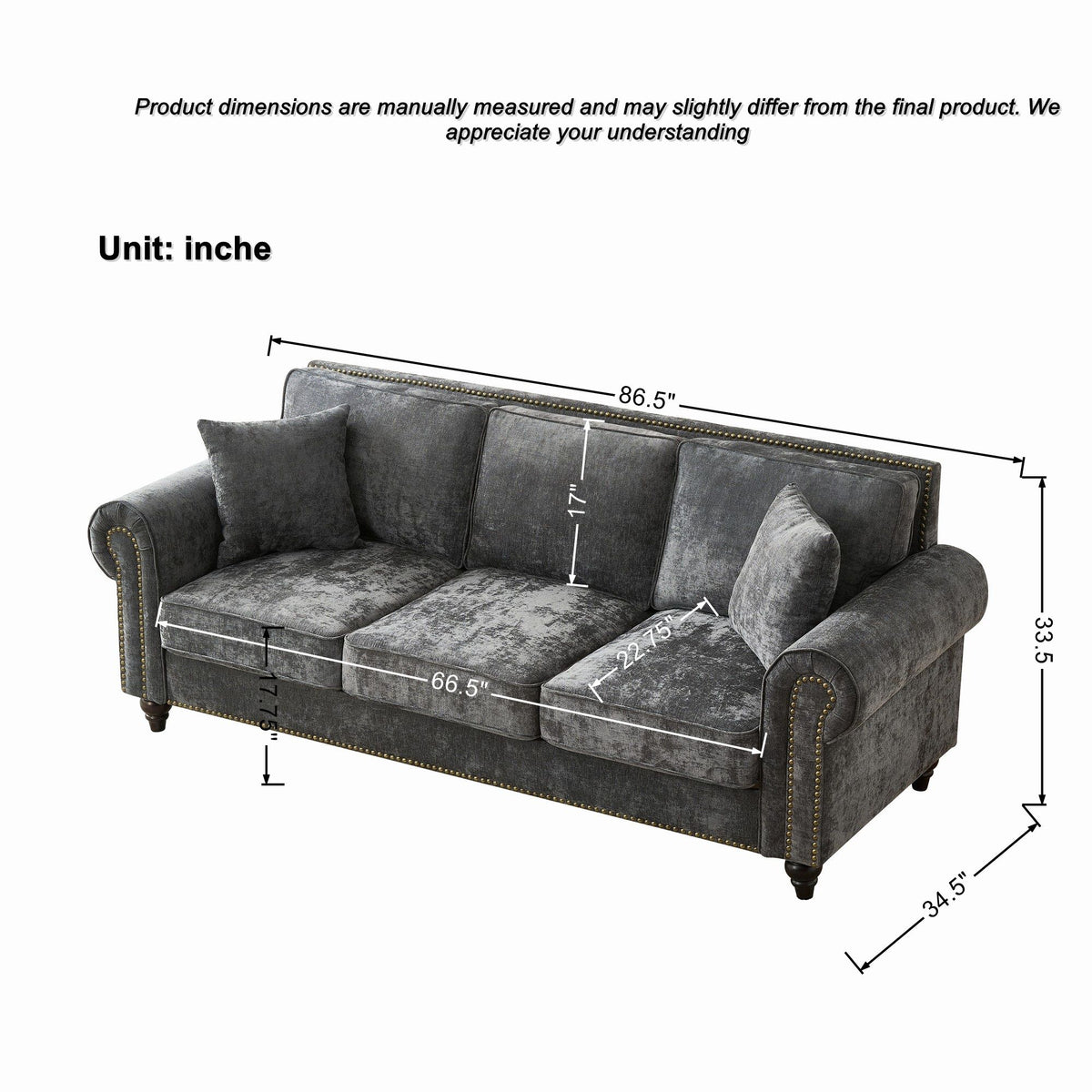 3 Seater Sofa With Tufted Upholstery, Rolled Arms, Nailhead Trim