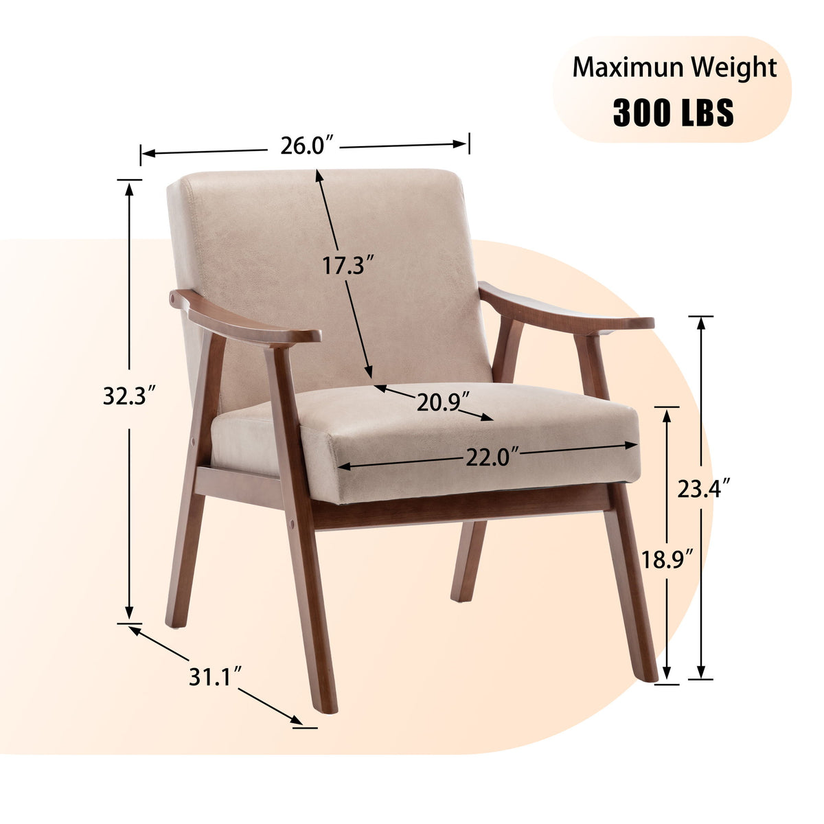 Mid Century Modern Accent Chair With Solid Wood Frame And Extra Thick Backrest