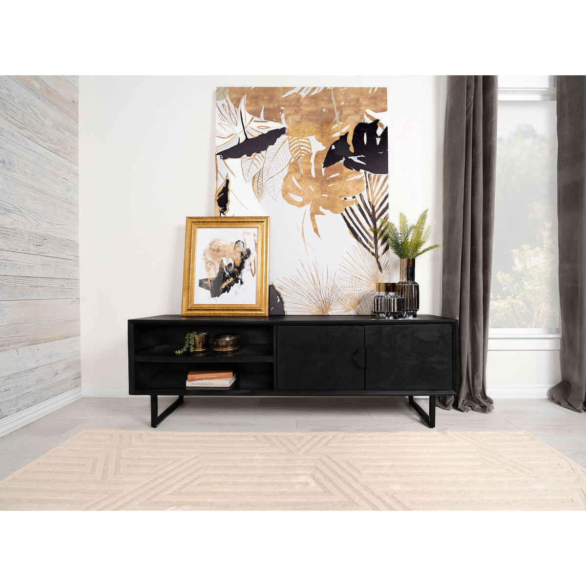 Manaya - 2 Door Stand With Open Shelving And Hidden Storage - Charcoal Black
