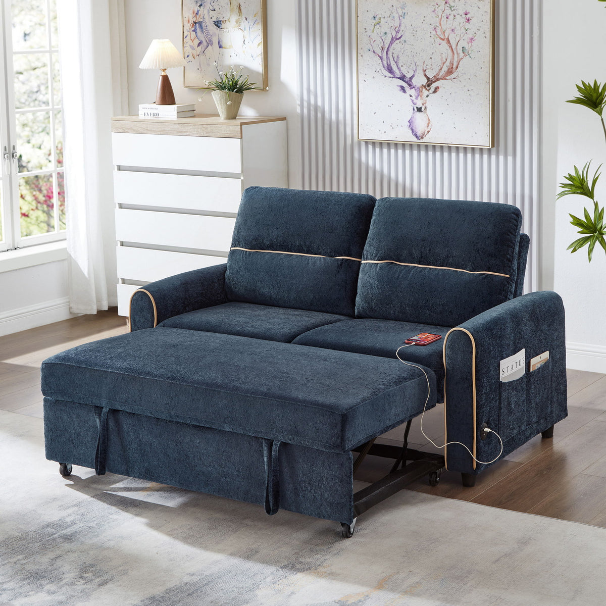 Pull Out Sofa Bed With Adjustable 3 Position Backrest, USB Charging Ports, Side Pockets