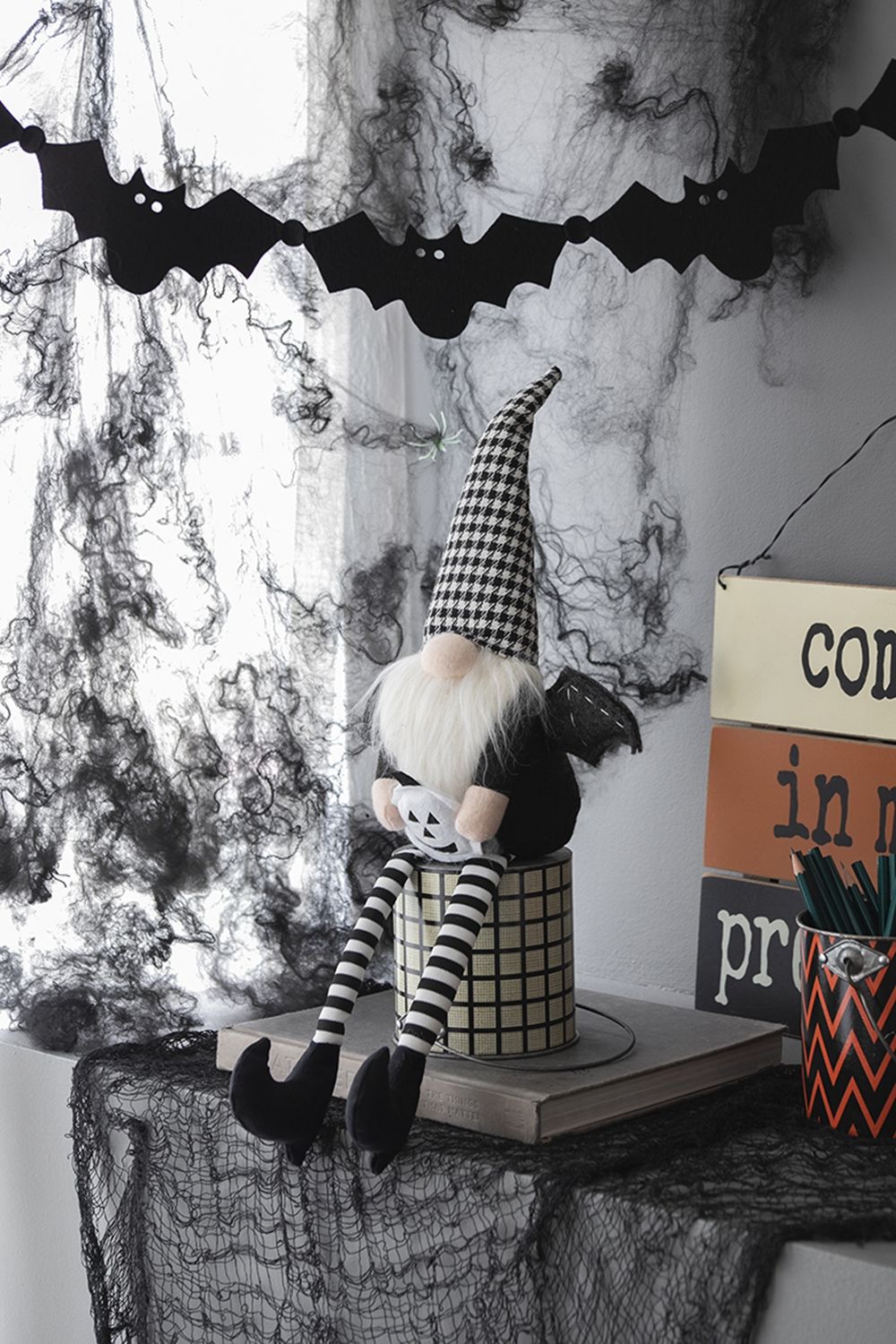 Sitting Gnome With Wings & Plaid Hat, For Halloween Decor