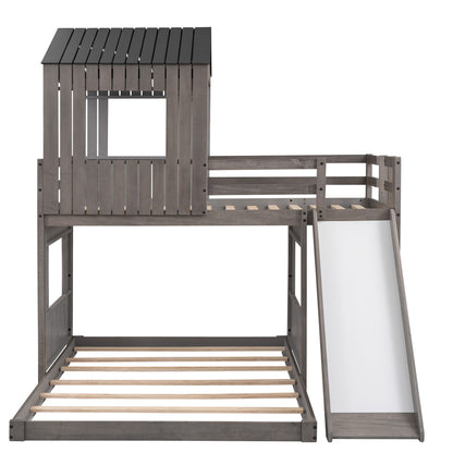 Loft Bunk Bed With Playhouse, Farmhouse, Ladder, Slide And Guardrails
