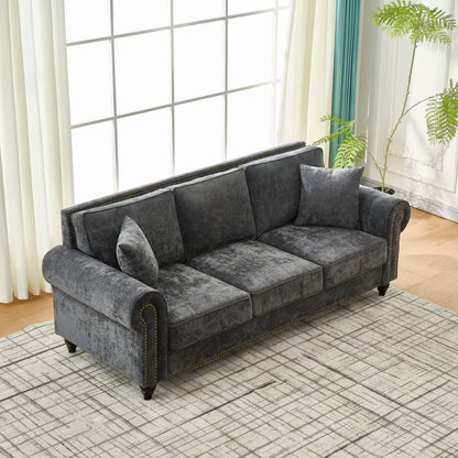 3 Seater Sofa With Tufted Upholstery, Rolled Arms, Nailhead Trim