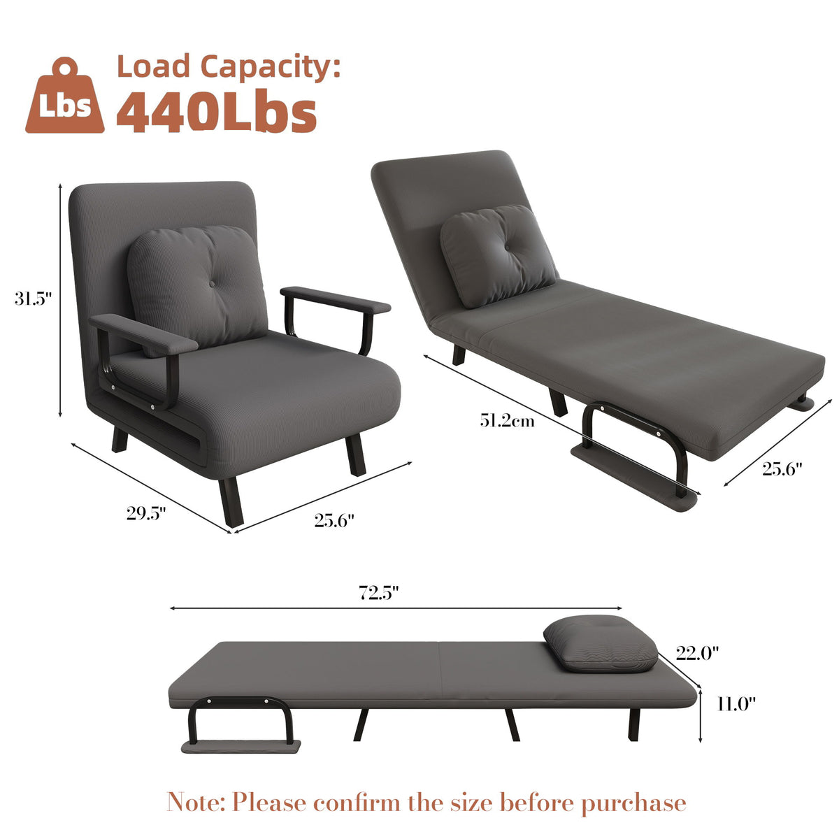 5 In 1 Folding Sofa Bed With 5 Position Adjustable Backrest