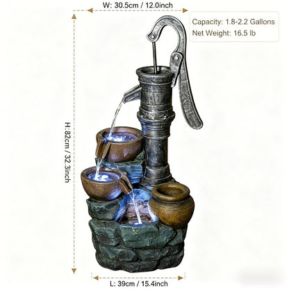 Hand Pump Water Fountain With LED Lights - Gray