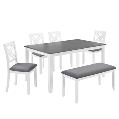 6 Piece Kitchen Dining Set, Rectangular Dining Table With 4 Upholstered Chairs And Bench - Gray / White