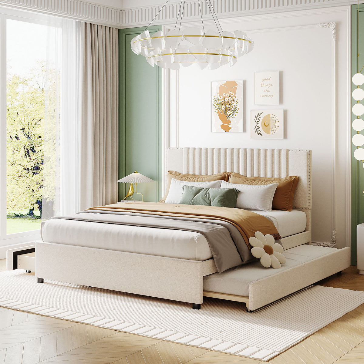 Upholstered Platform Bed With Drawers, Classic Headboard Design