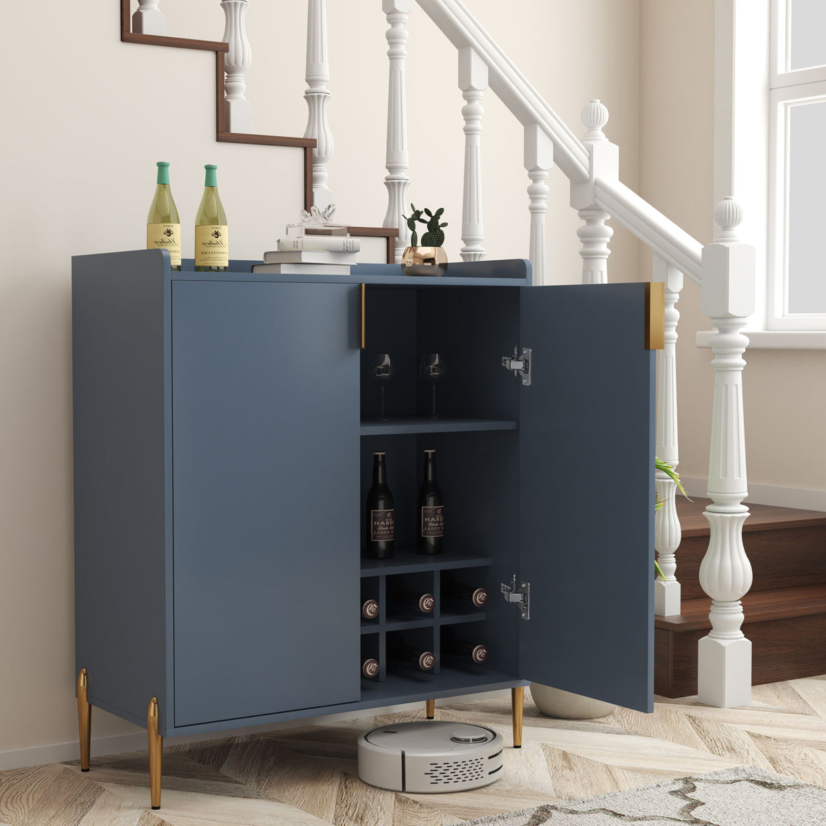 Wine Bar Cabinet With Adjustable Shelf, 2 Door Sideboard With Soft-Closing Hinges And Feet