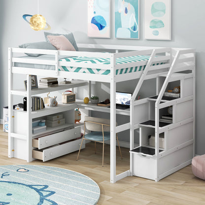 Loft Bed With Desk, Shelves, 2 Drawers, Storage Staircase