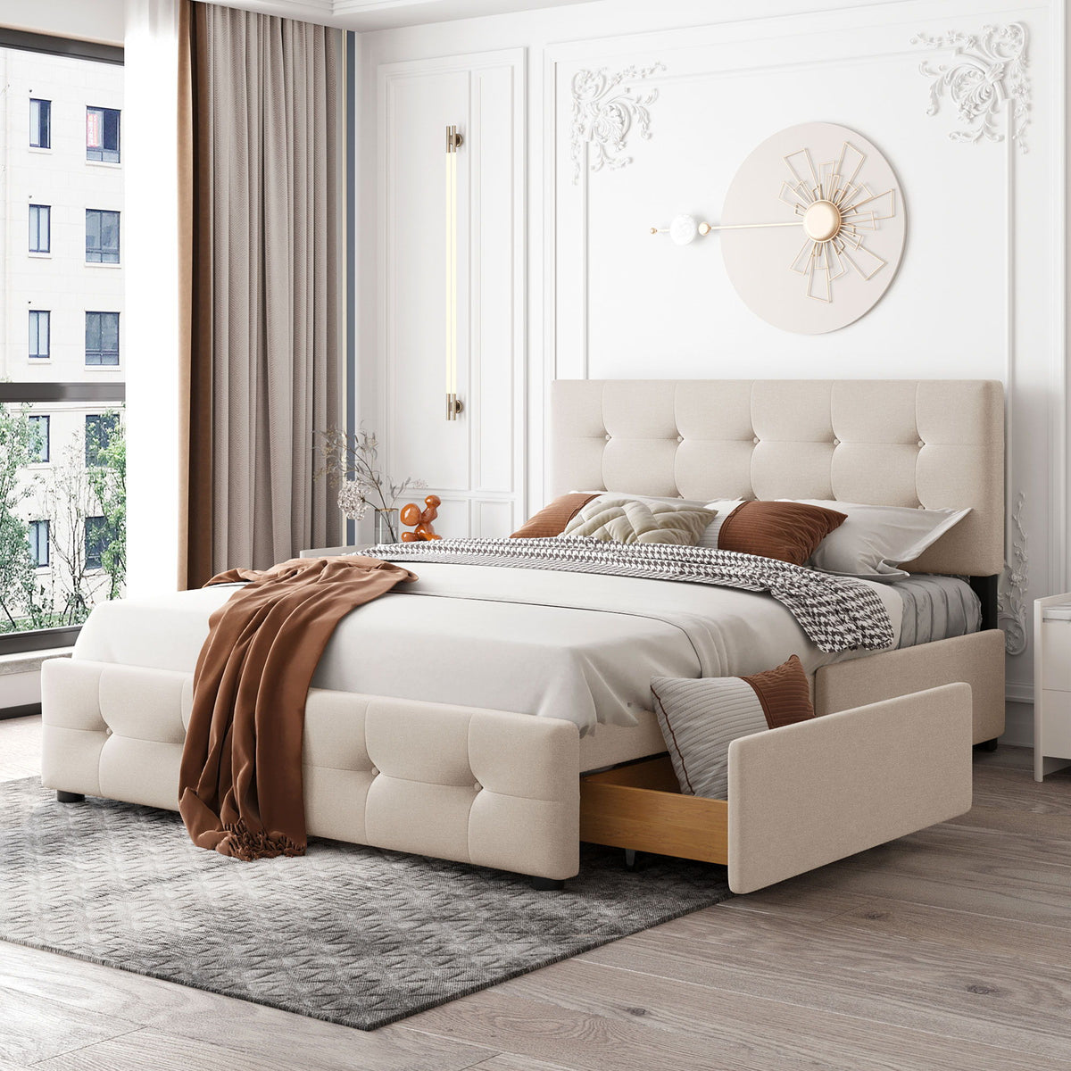 Upholstered Platform Bed With Classic Headboard And Drawers, No Box Spring Needed