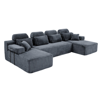 Sectional Sleeper Sofa & Storage Pockets, Modular Couch With Throw Pillows For Living Room