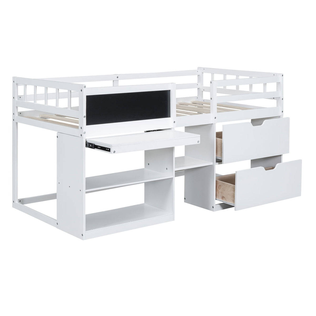 Low Loft Bed With Rolling Desk, Shelf And Drawers