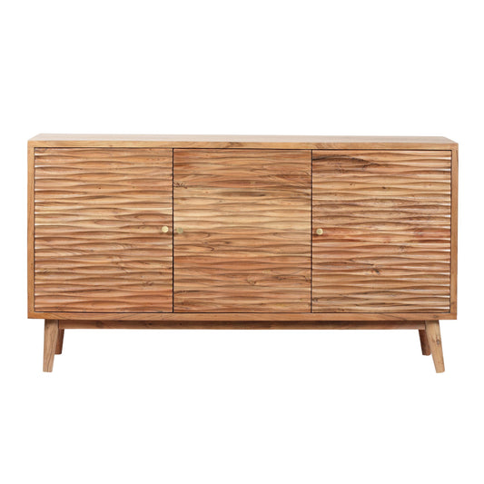 Boho Handcrafted 3 Door Sideboard, Carved Texture & Artisanal Charm - Natural