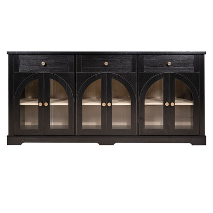Sideboard Cabinet With 3 Drawers And 6 Arched Doors, Accent Storage Cabinet With Adjustable Shelves For Dining Room - Black