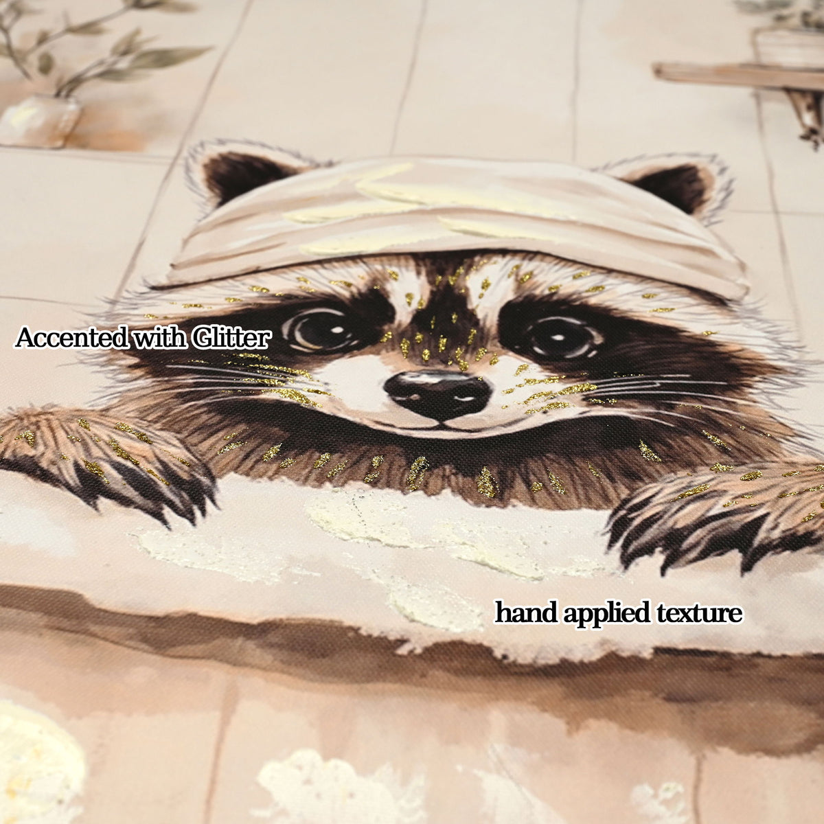 Raccoon Bathroom Canvas Wall Art, Funny Animal, Framed - Black / Ivory