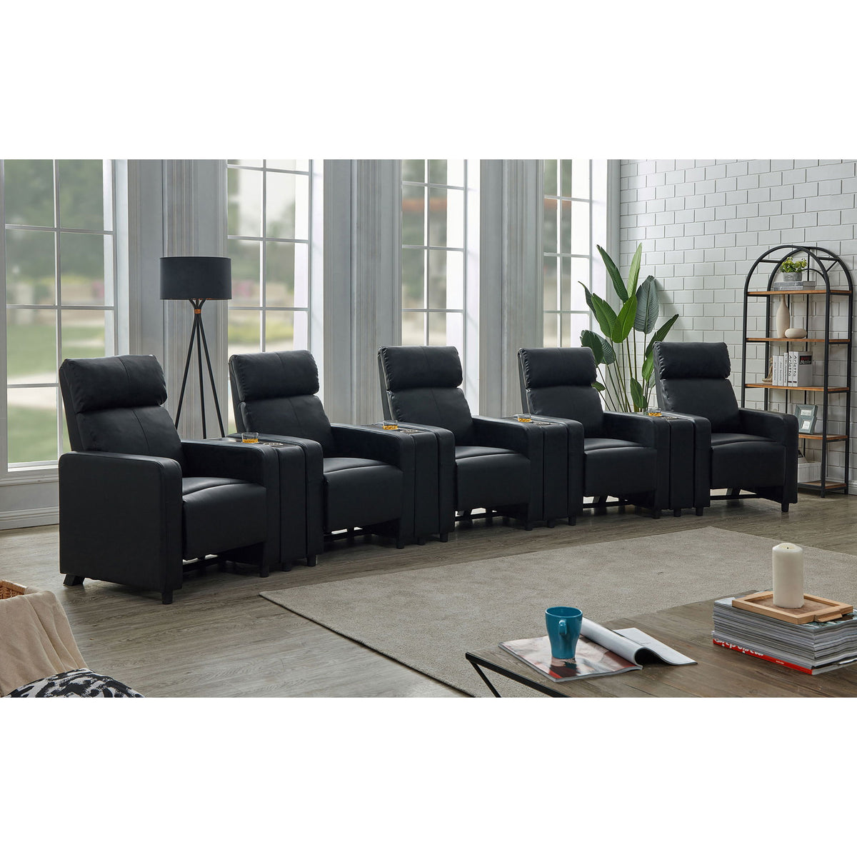 Warren - 5 Seater Home Theater With 4 Wedge Consoles Recliners And Storage Consoles - Black
