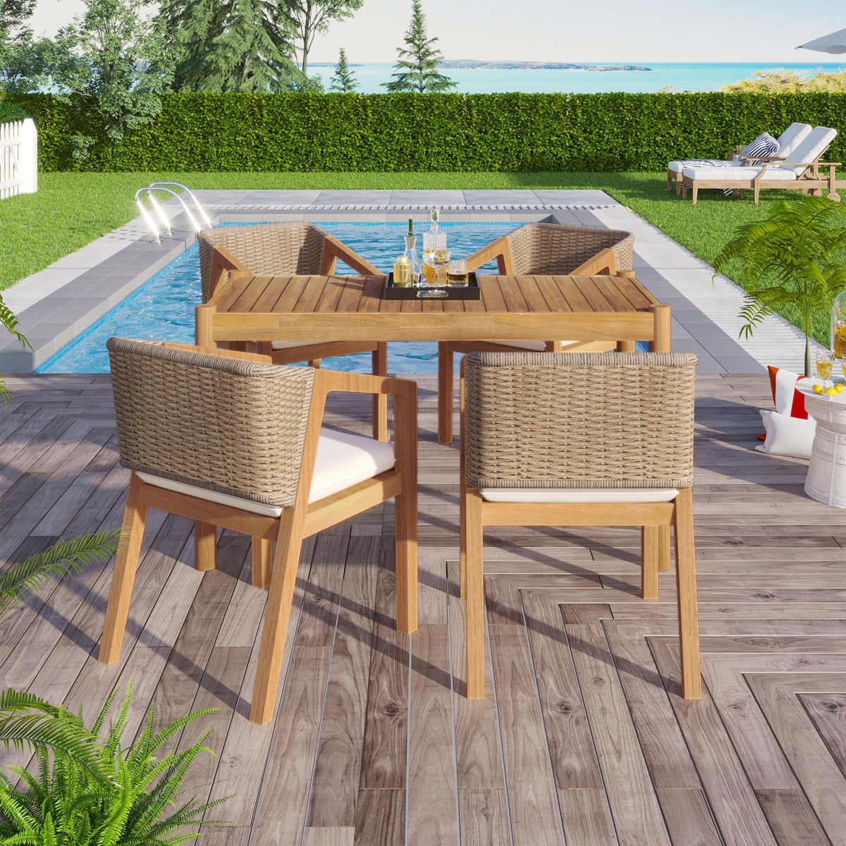 Outdoor Dining Set 1 Table 4 Chairs (Set of 5) - Teak / Beige