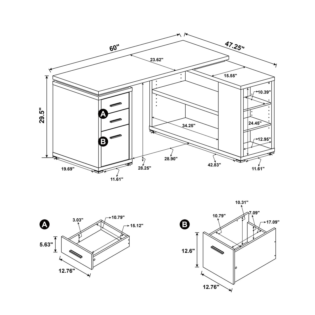 Tona - L-Shape Computer Desk With 3 Drawers And 5 Shelves