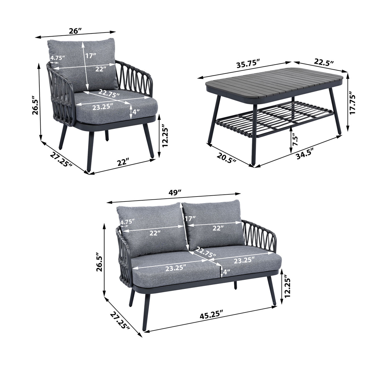 4 Piece Outdoor Patio Furniture Set, Metal Chairs With Woven Rope U Shaped Backrest