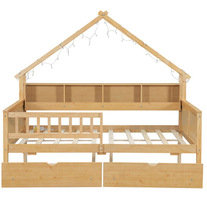 House Style Platform Bed With LED Lights, Storage Shelves, Drawers, And Guardrail
