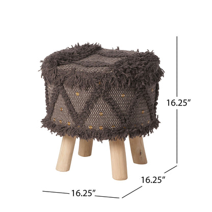 Roja - Handcrafted Wool & Cotton Foot Stool With Eucalyptus Wood Frame - Dark Brown