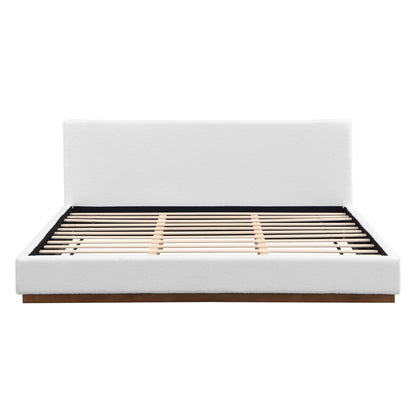 Elegant Boucle Upholstered Bed With Wood Grain Textured Solid Wood Base Frame