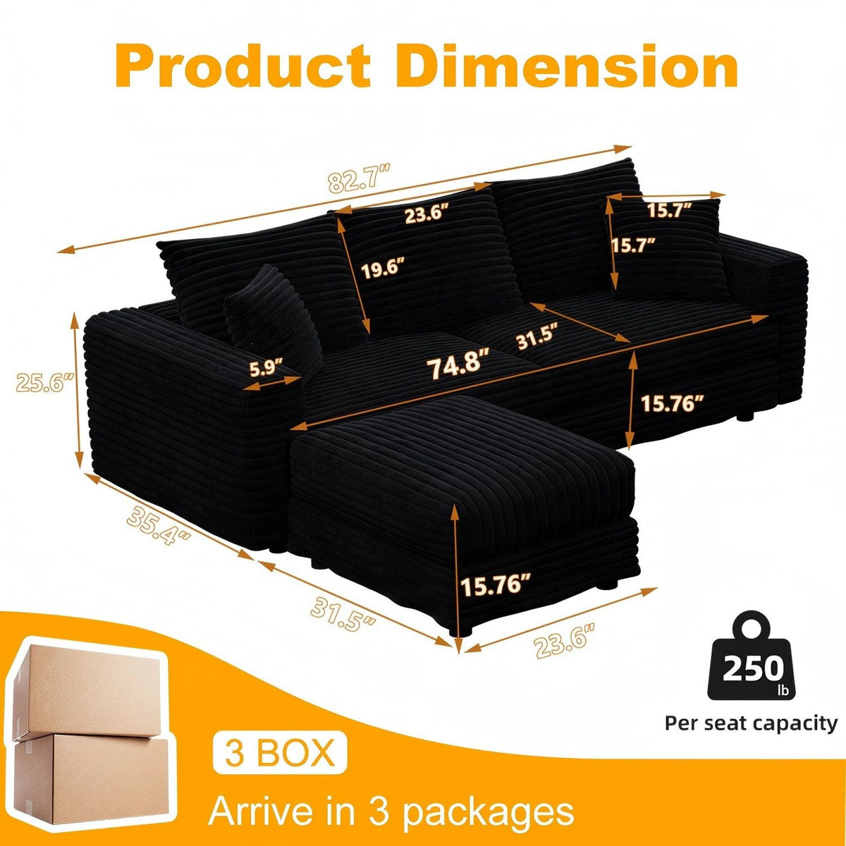 Convertible Deep Seat Sofa With Soft Pillows And Ottomans