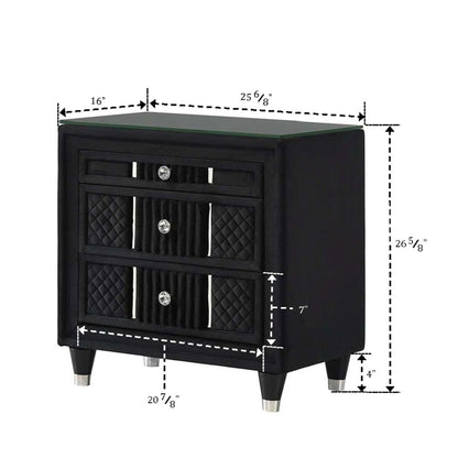 1 Piece Nightstand Upholstery Textured Look Luxurious Feel Drawer Fronts Crystal Style Knobs - Black