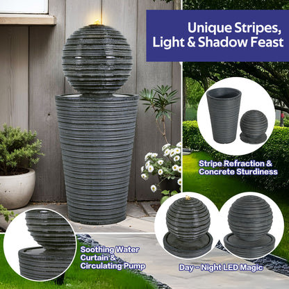 31.5" Tall Striped Column Fountain With LED Light Design For Outdoor Spaces - Gray