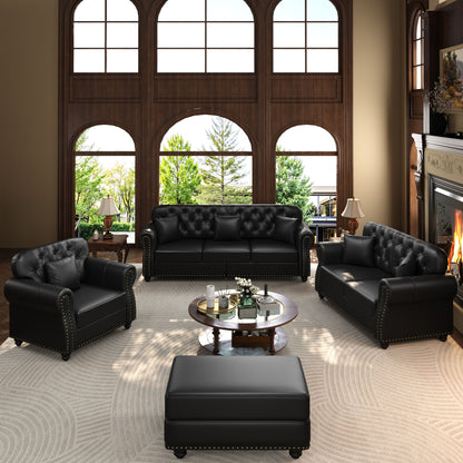 Upholstered Sofa With Nailhead Trim, Rolled Armrests With Ottoman