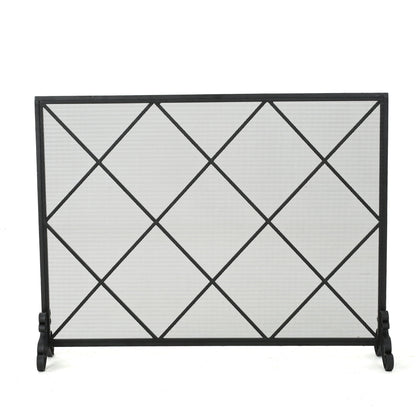 Minimalist Single Panel Iron Fireplace Screen With Diamond Design - Black