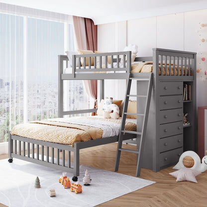Bunk Bed With 6 Drawers And Flexible Shelves, Bottom Bed With Wheels