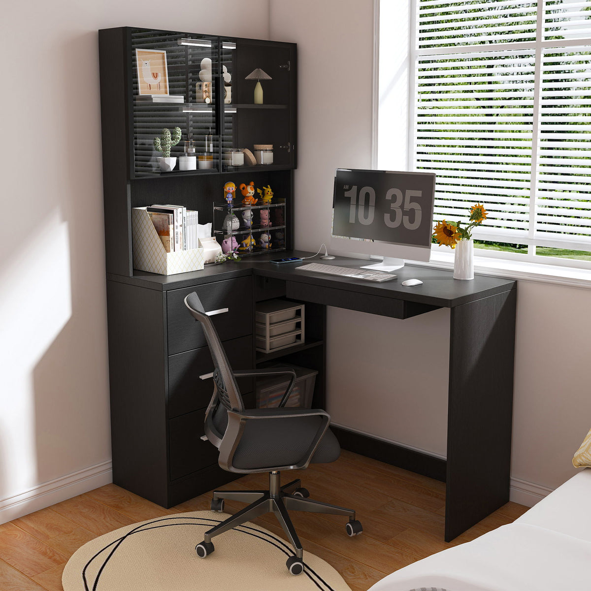 L-Shaped Computer Desk With Glass Cabinets, Built In LED Lights, USB Charging Ports