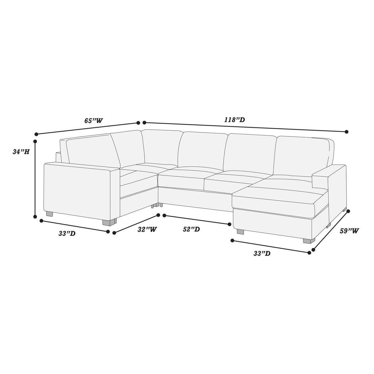 Sectional With RAF Chaise, Armless Loveseat & LAF 1 Arm Chair