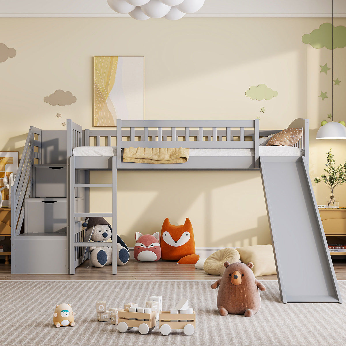 Loft Stairway Bed With 2 Drawers, Convertible Ladder And Slide