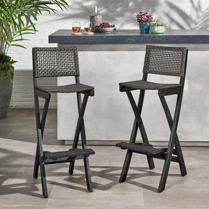 Outdoor Folding Acacia Wood Barstools With Rattan Backrest And Seat, (Set of 2) - Dark Gray
