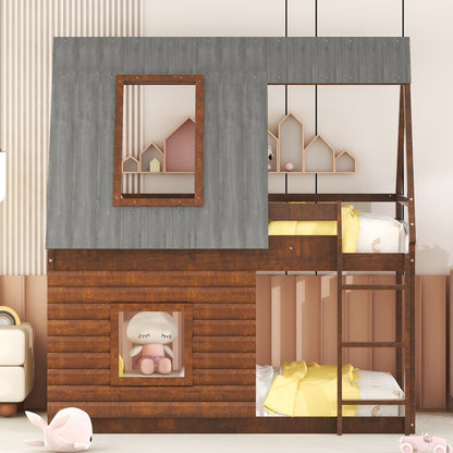 Twin Size House Bunk Bed With Roof, Ladder And 2 Windows - Brown