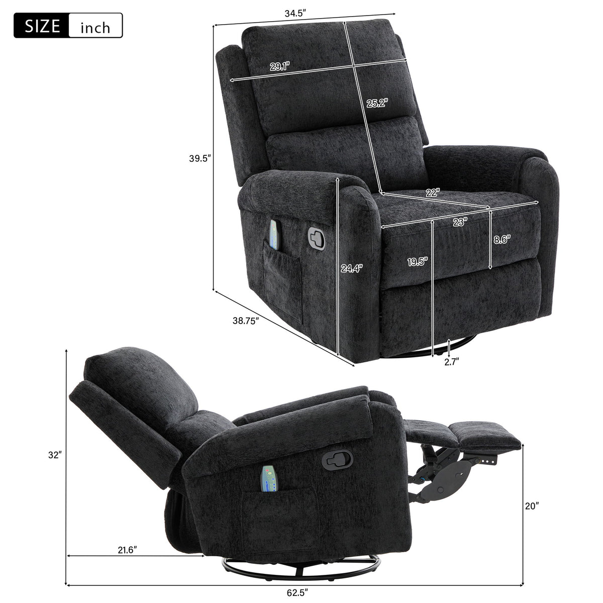 Manual Recliner Massage Chair With Swivel Rocker, 8 Massage Modes, Side Storage Pocket